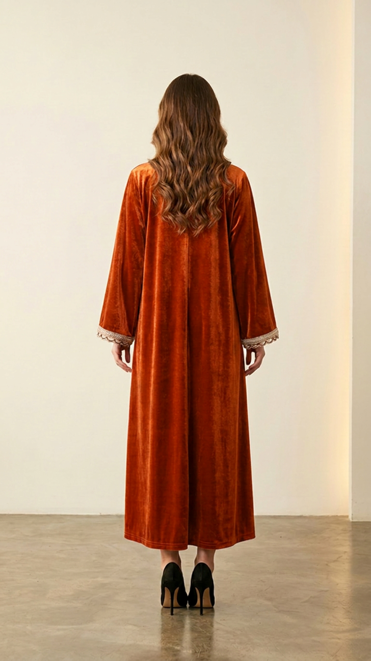Orange Embellished Velvet Kaftan