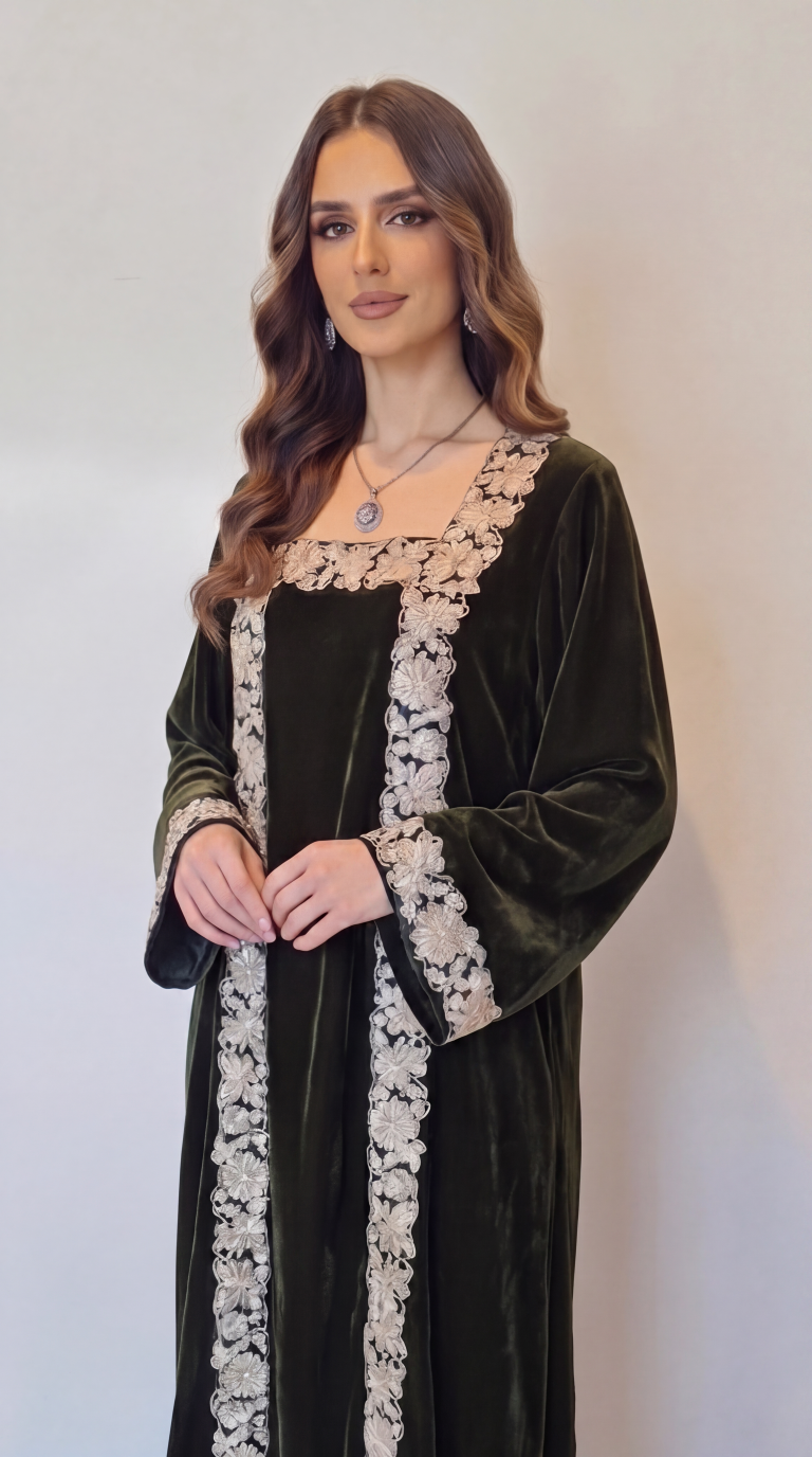 Green Embellished Velvet Kaftan