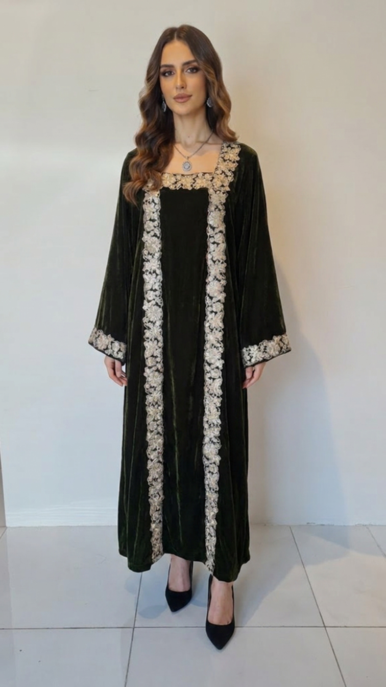 Green Embellished Velvet Kaftan