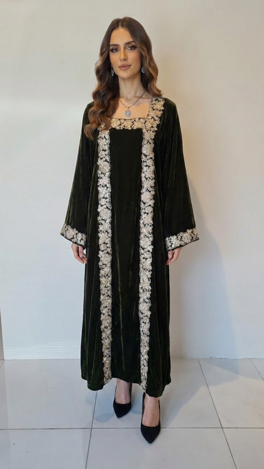 Green Embellished Velvet Kaftan