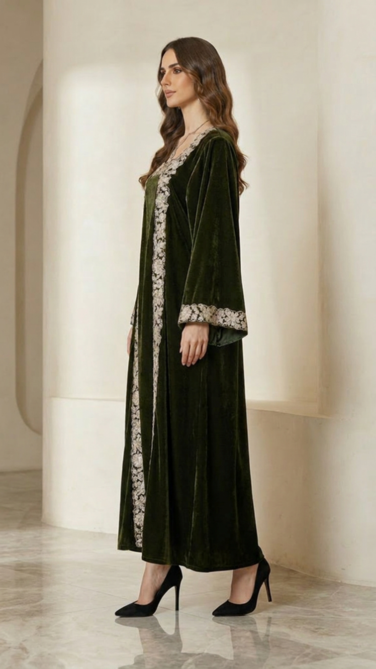 Green Embellished Velvet Kaftan