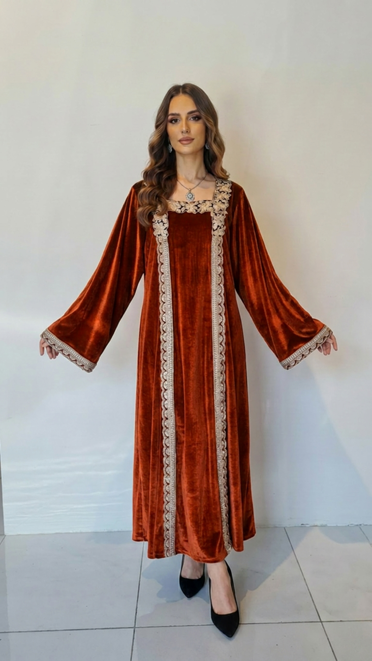 Orange Embellished Velvet Kaftan