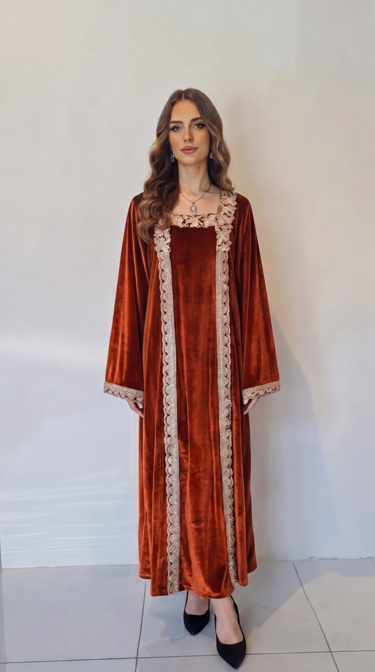 Orange Embellished Velvet Kaftan