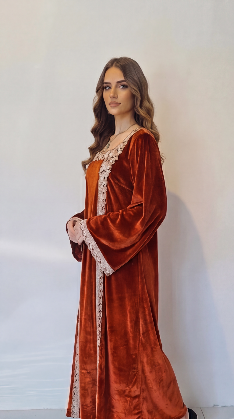 Orange Embellished Velvet Kaftan