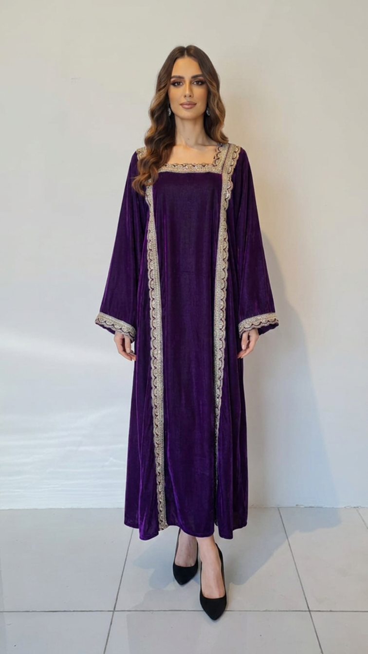 Purple Embellished Velvet Kaftan