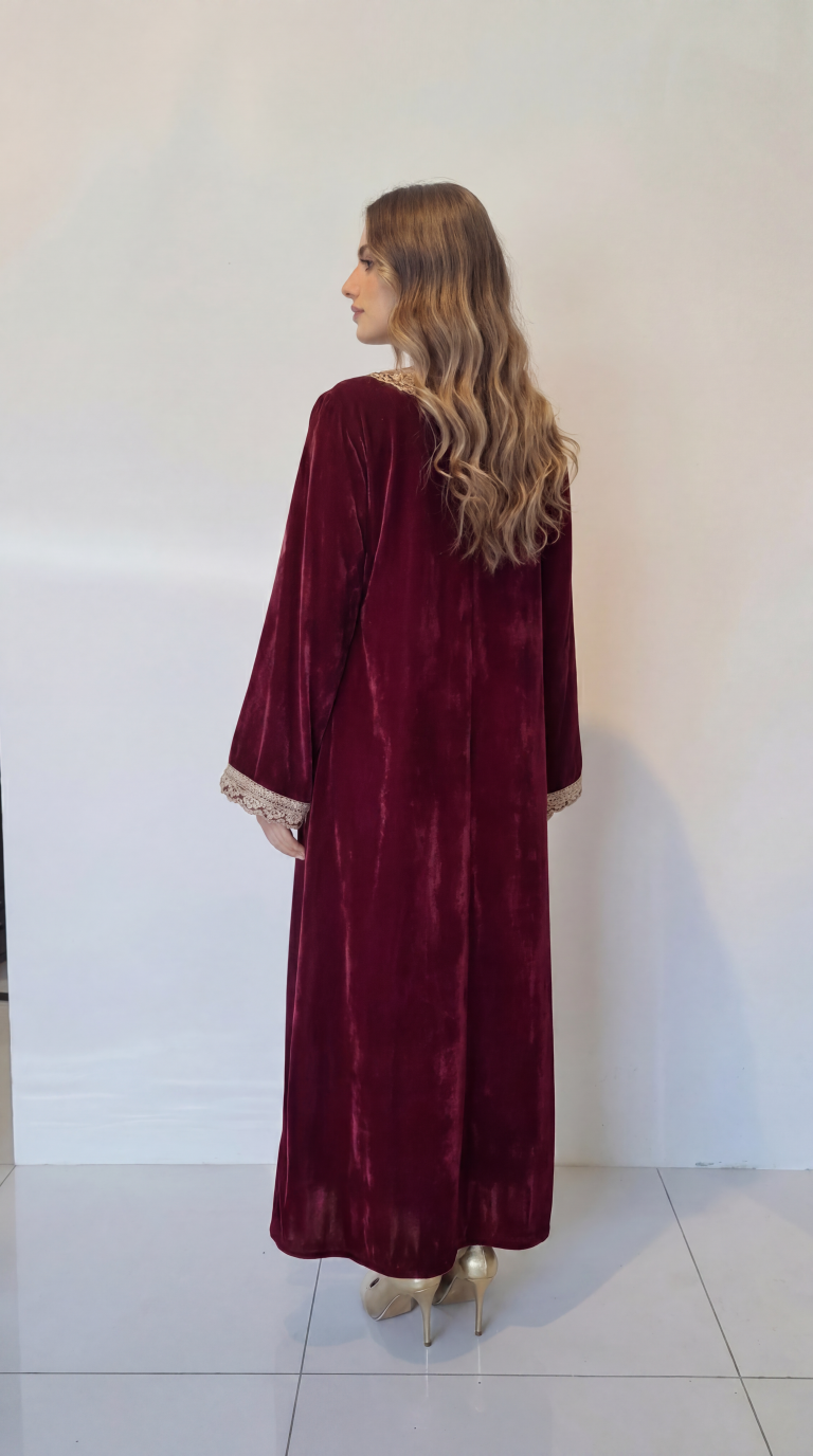 Red Embellished Velvet Kaftan