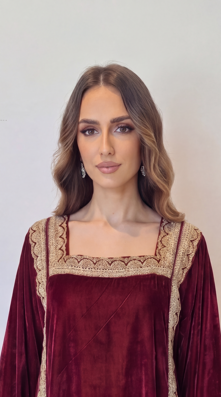 Red Embellished Velvet Kaftan