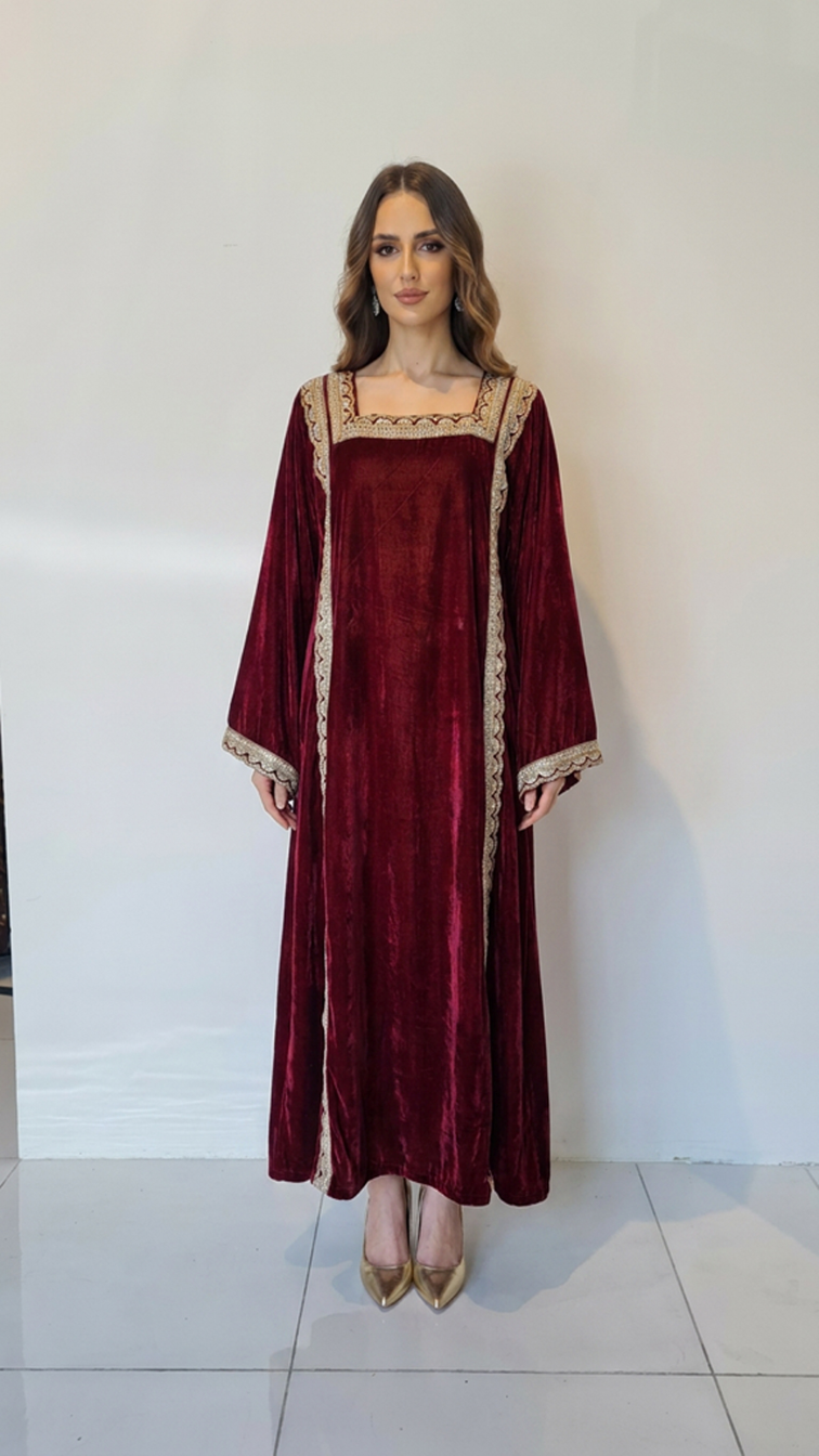 Red Embellished Velvet Kaftan