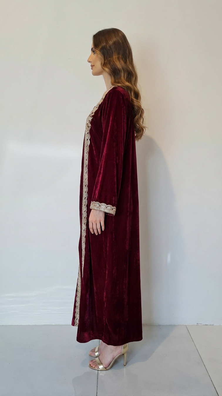 Red Embellished Velvet Kaftan