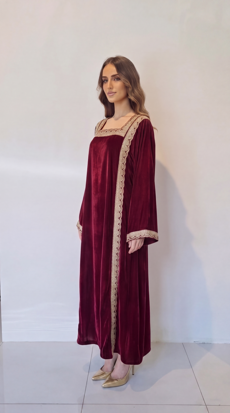 Red Embellished Velvet Kaftan